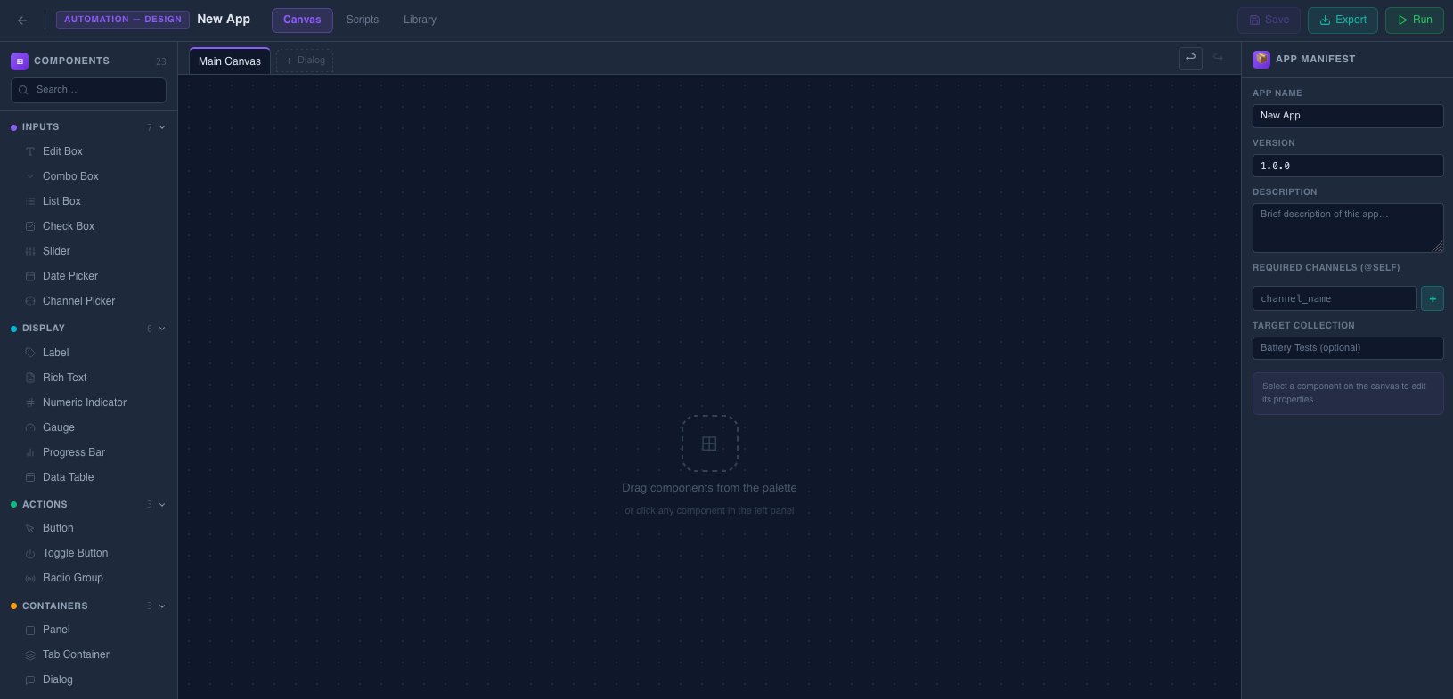 NeydFlow App Designer canvas with components palette: 23 UI widgets ready to drag onto the canvas