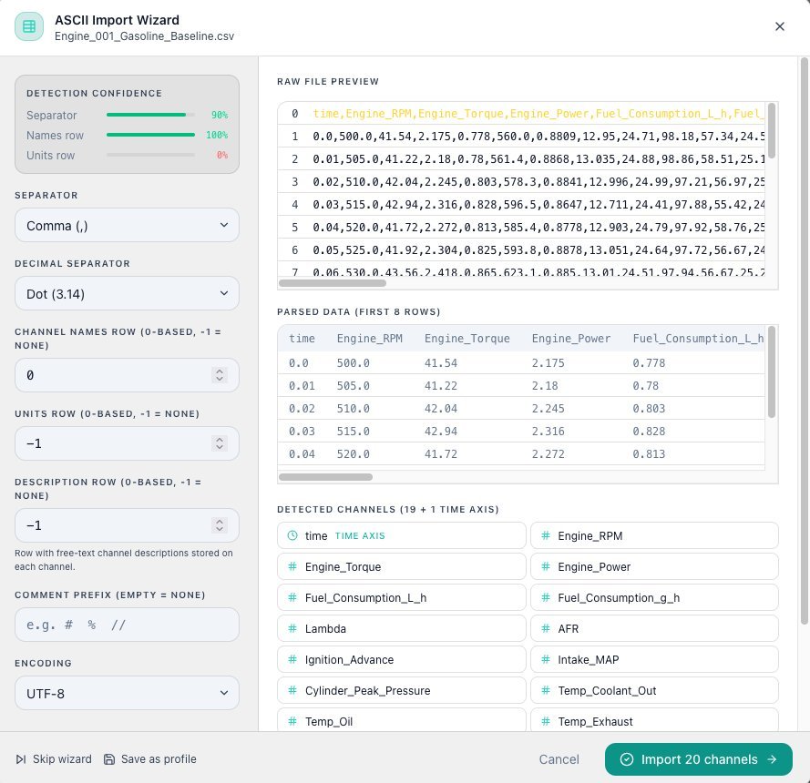 NeydFlow ASCII Import Wizard: auto-detected separator and header rows, raw and parsed previews, 20 detected channels