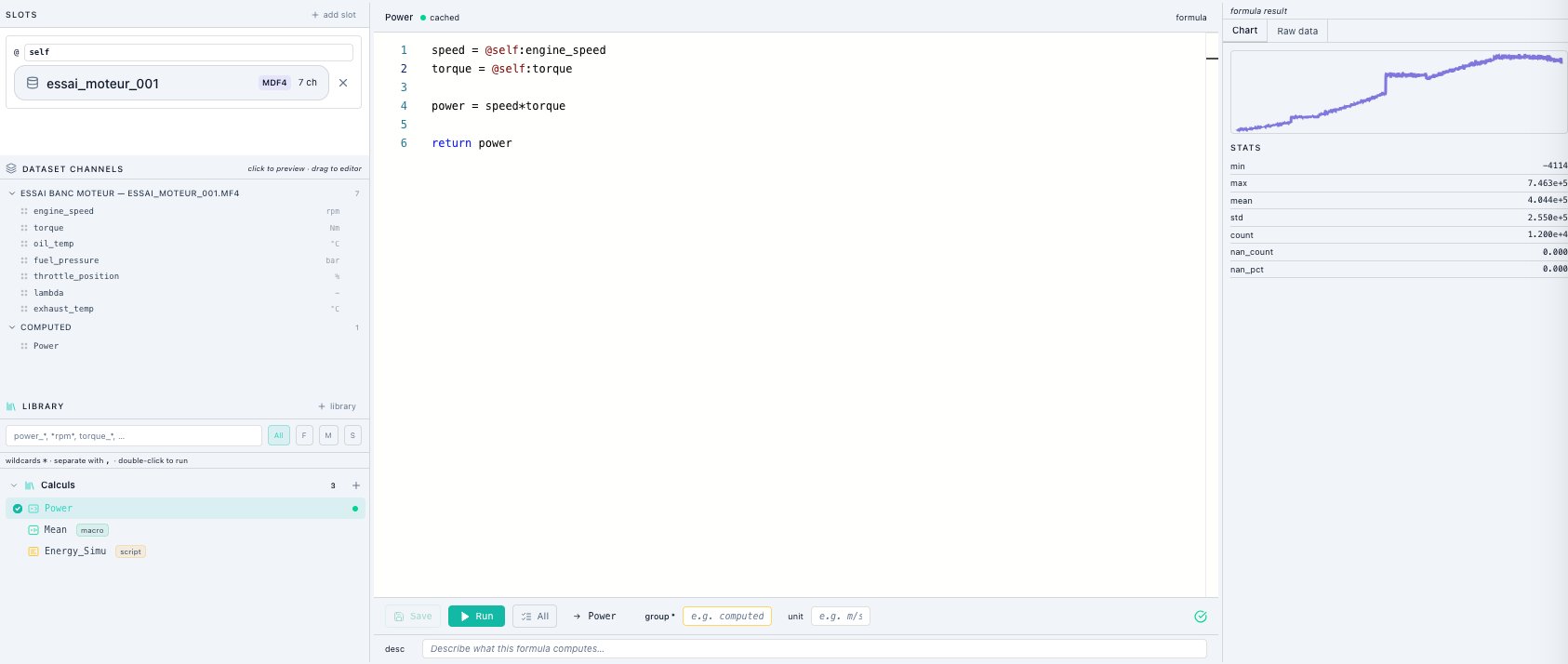 NeydFlow formula editor showing a Power formula using @self:engine_speed and @self:torque CRS references